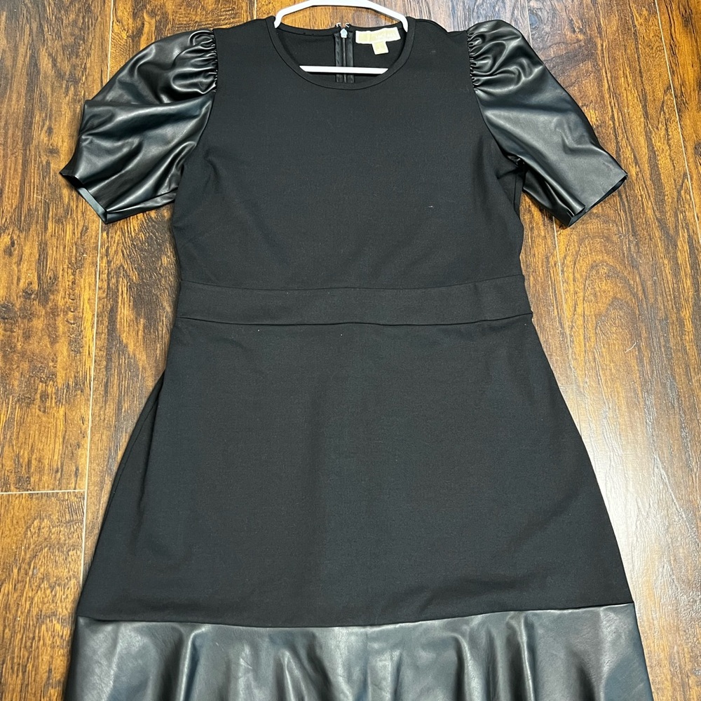 Michael Kors Dress Woman’s Ruffled Black Vegan Leather Gathered Size Large